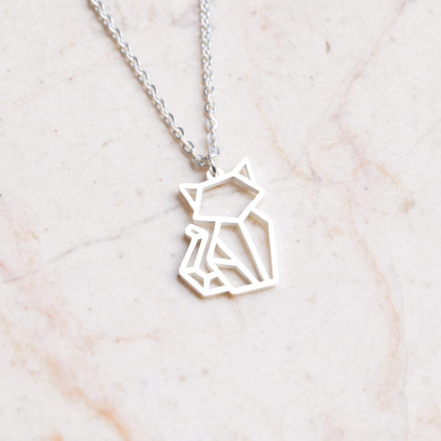 Cat Silver Origami Geometric Necklace