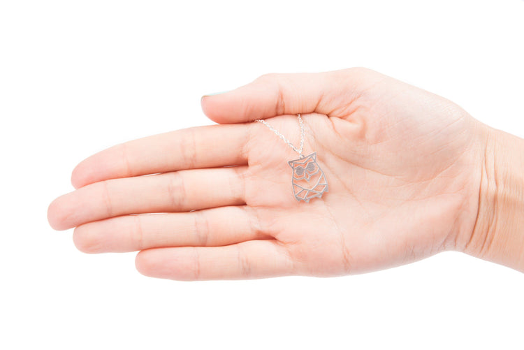 Origami Animal Necklace Owl Silver in hand
