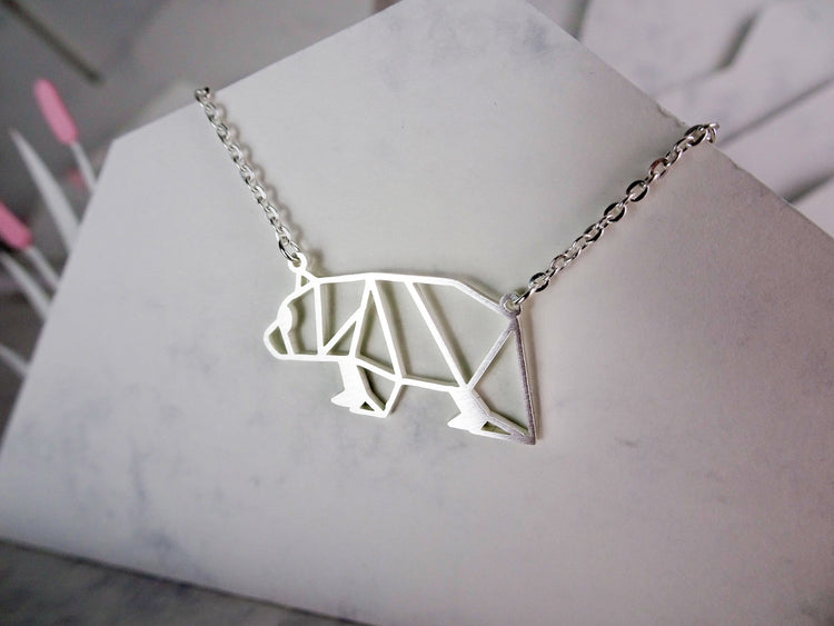 Bear Silver Origami Geometric Necklace