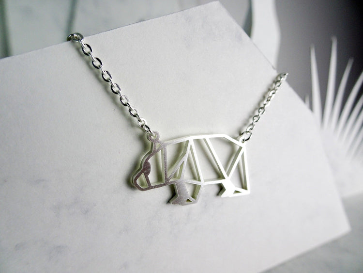 Bear Silver Origami Geometric Necklace