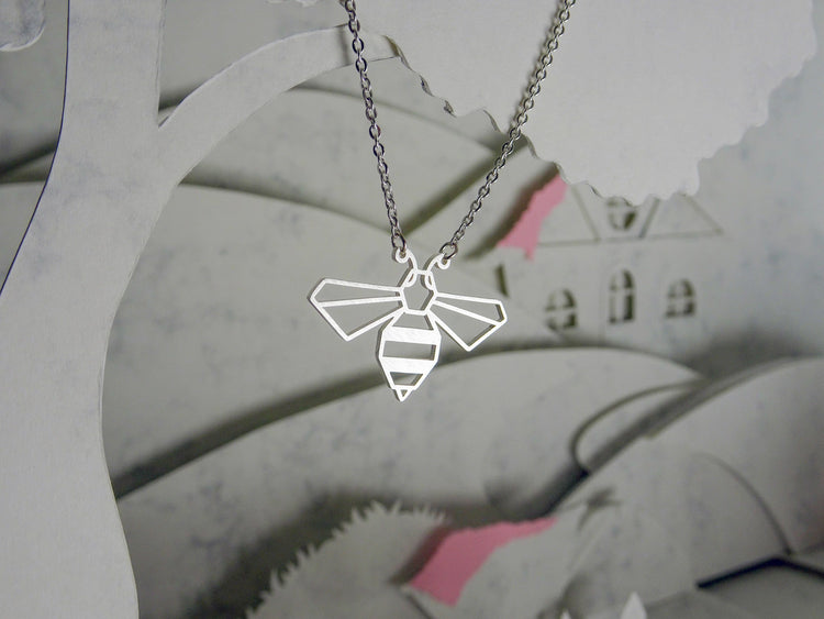 Bee Silver Origami Geometric Necklace