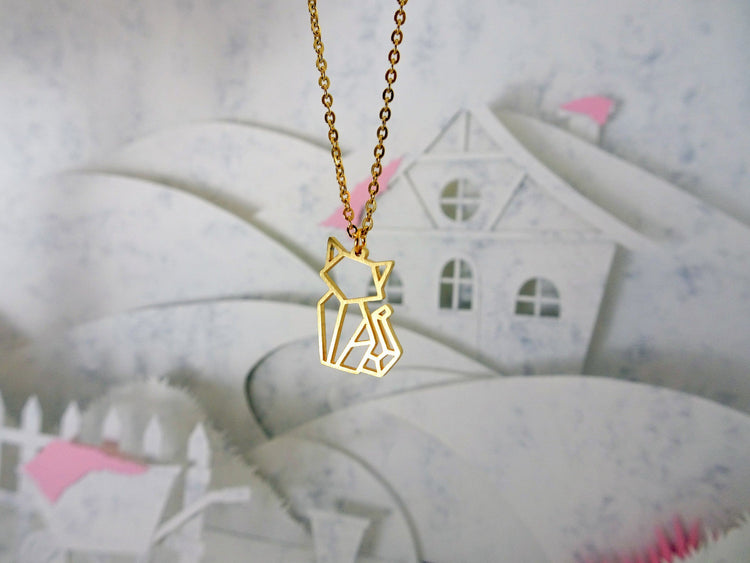 Cat Gold Origami Geometric Necklace