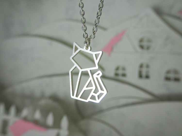 Cat Silver Origami Geometric Necklace