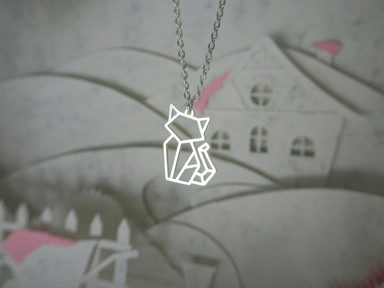 Cat Silver Origami Geometric Necklace