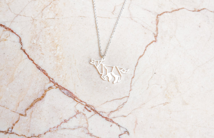 Wolf Silver Origami Geometric Necklace