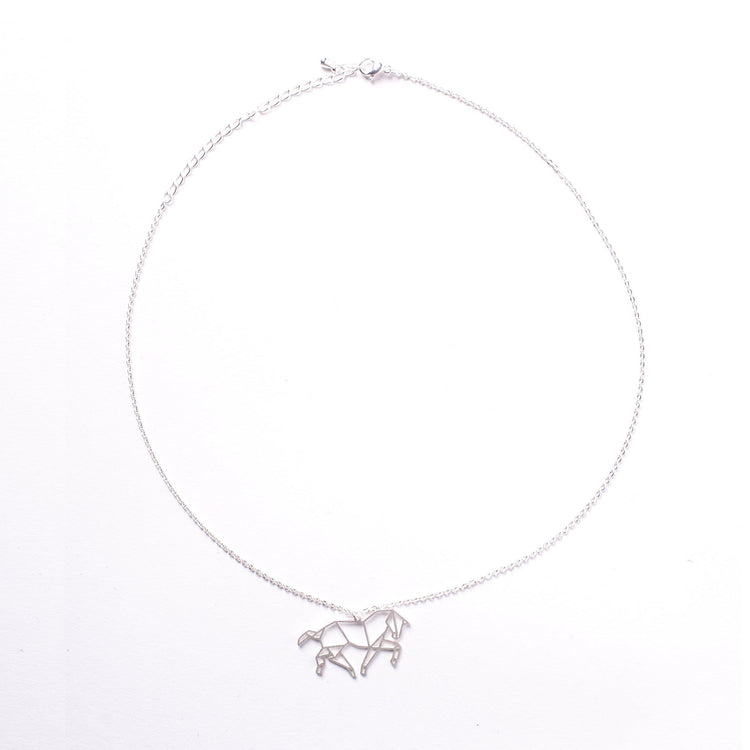 Horse Silver Origami Geometric Necklace