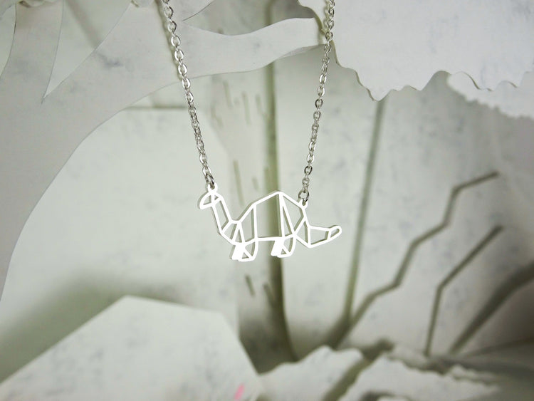 Dinosaur Silver Origami Geometric Necklace