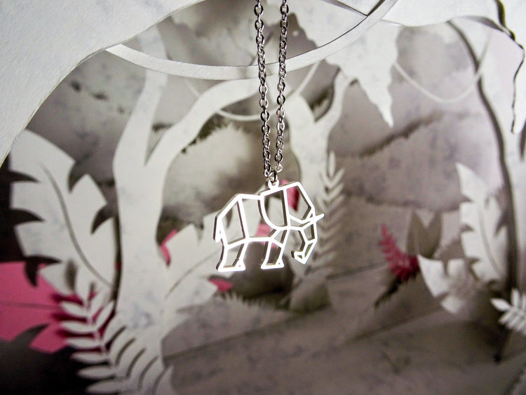 Elephant Silver Origami Geometric Necklace