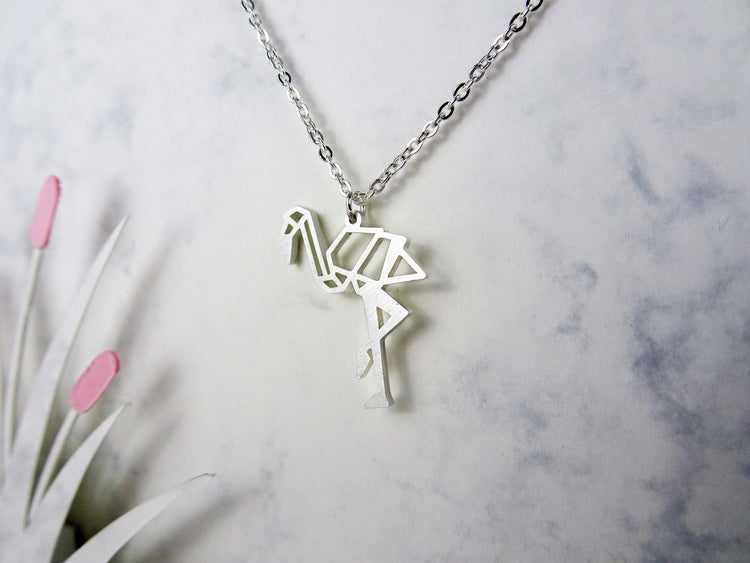 Flamingo Silver Origami Geometric Necklace