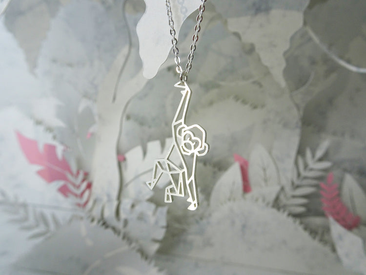 Monkey Silver Origami Animal Necklace