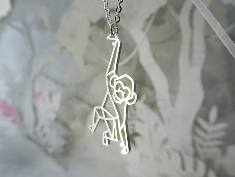 Monkey Silver Origami Animal Necklace