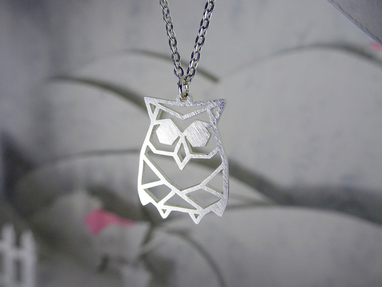 Owl Silver Origami Geometric Necklace