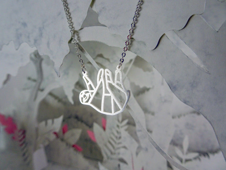 Sloth Silver Origami Geometric Necklace