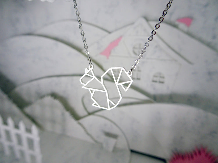 Squirrel Silver Origami Geometric Necklace