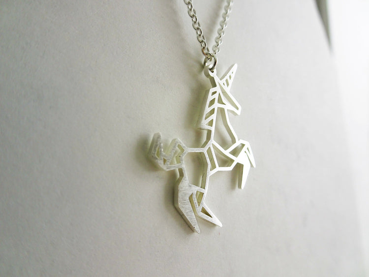 Unicorn Silver Origami Geometric Necklace