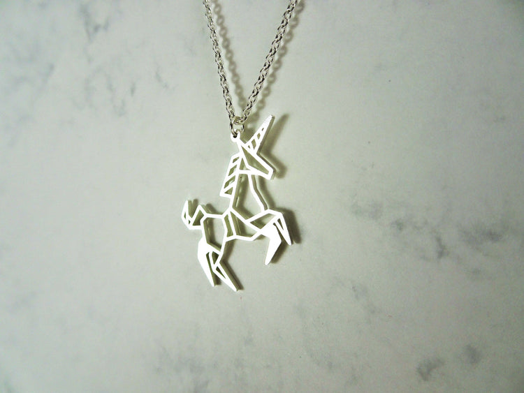 Unicorn Silver Origami Geometric Necklace