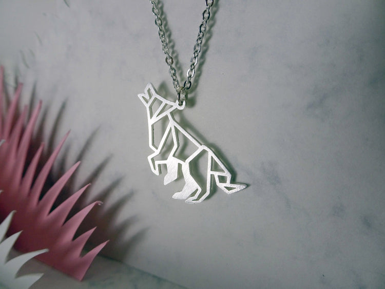 Wolf Silver Origami Geometric Necklace