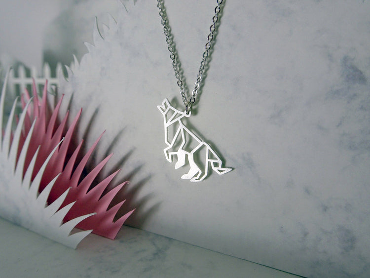 Wolf Silver Origami Geometric Necklace
