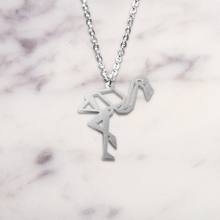 Flamingo Silver Origami Geometric Necklace