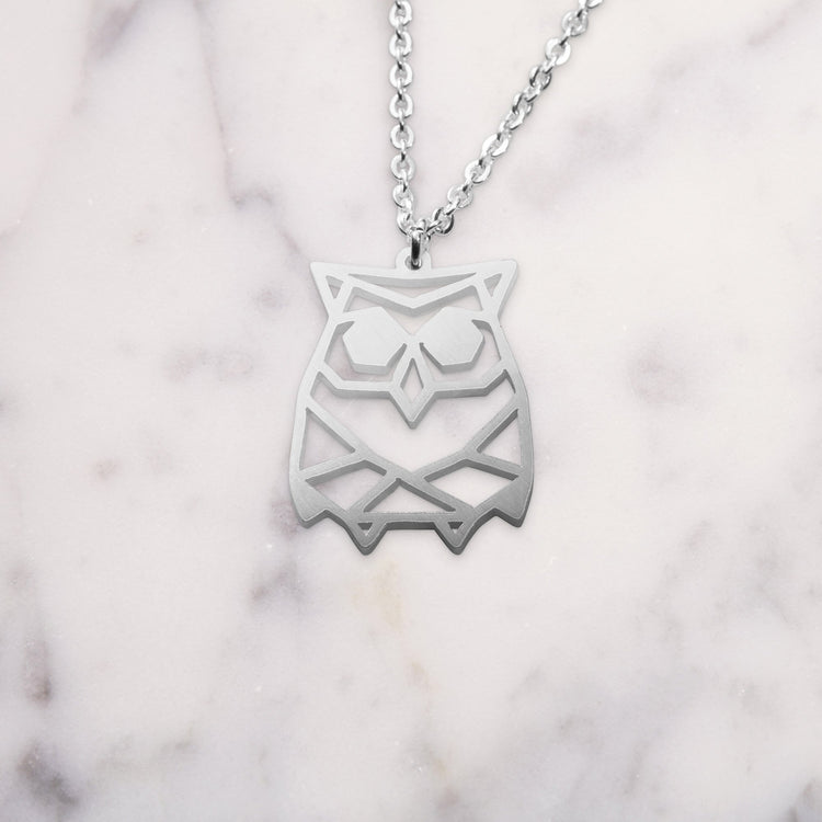 Owl Silver Origami Geometric Necklace