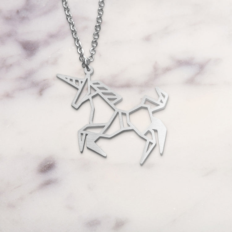 Unicorn Silver Origami Geometric Necklace
