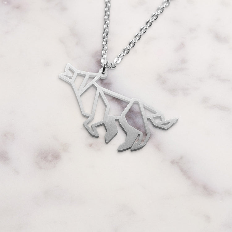 Wolf Silver Origami Geometric Necklace